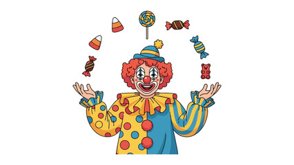 Colorful Clown Juggling Sweets: A cheerful clown, with a playful expression, juggles an assortment of candies, embodying the spirit of fun and amusement.