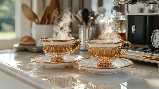 Two steaming teacups, ornate gold trim, on a white countertop near a machine