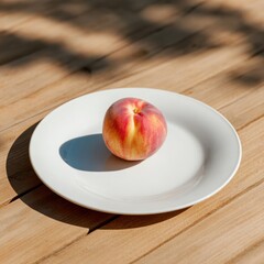 Fresh peach resting on a white plate, illuminated by natural sunlight, showcasing vibrant colors and textures against a wooden table background, emphasizing simplicity and freshness