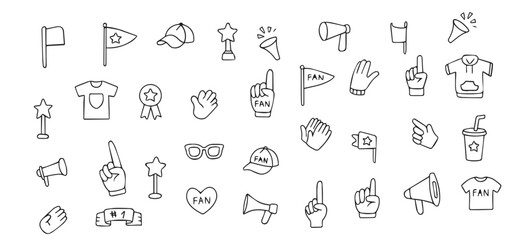 set of football elements in doodle style hand drawn sketch vector illustration