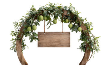 Wooden sign hung between a curved, leafy archway adorned with green fruits
