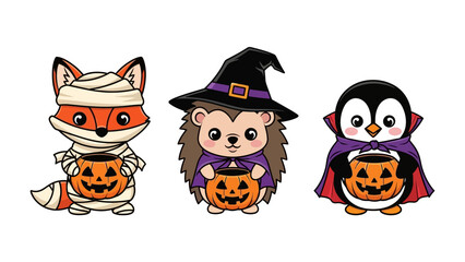 Halloween Trio: An adorable illustration showcases a fox mummy, a hedgehog witch, and a penguin vampire, each clutching a jack-o'-lantern. They form a charming Halloween collection.