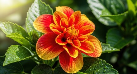 Vibrant dahlia bloom, orange-red petals, surrounded by dewy green leaves