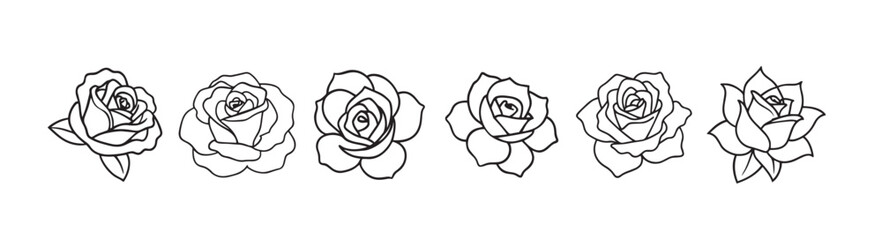  set of outline black and white roses isolated on white vector illustration