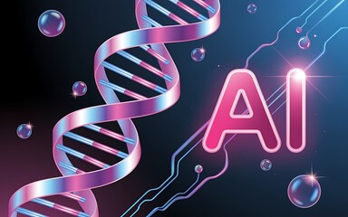 Stunning visual representation of the intersection between artificial intelligence technology and human genetics in a futuristic modern design.