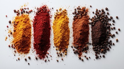 Various colorful spices arranged on a white surface, top-down view