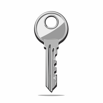 A shiny, metallic silver door key with a round head, standing upright on a plain white background.