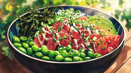 A beautifully arranged poke bowl with ahi tuna, avocado, edamame, and seaweed, drizzled with soy sauce