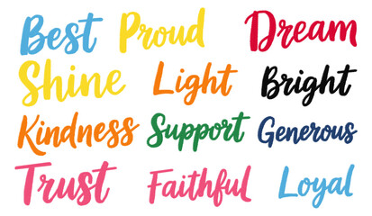 Illustration of hand drawn collection of positive words isolated on transparent background