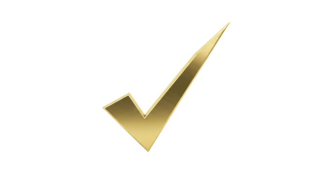 Golden check mark PNG isolated on transparent background, symbol of approval and success for graphic design