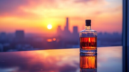 Whiskey bottle reflects sunset over cityscape, atop polished surface