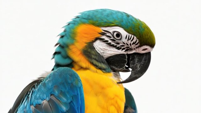 Close up shot of a colorful parrot's head on a white background