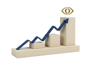 Blue arrow on rising bar graph with golden eye isolated, business growth concept in 3D rendering on...