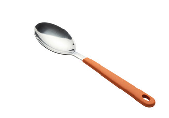 Stainless steel serving spoon isolated on transparent background, kitchen utensil with orange handle for cooking and food preparation