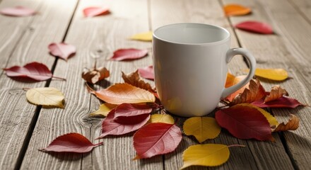 White mug sits amongst colorful autumn leaves on a rustic wooden surface
