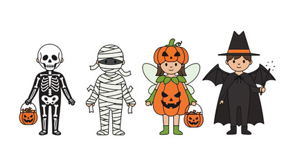 Halloween Costume Characters: Whimsical characters in creative costumes ready for trick-or-treating, embody the spirit of spooky celebration and fun.