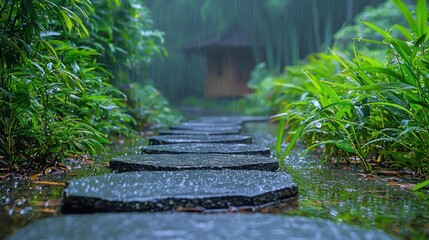 Wet stone path leads to building through green foliage, rain falling gently