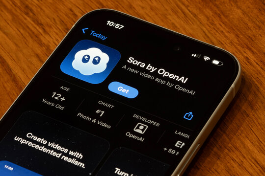 Portland, OR, USA - Sep 30, 2025: The new Sora app is seen in the App Store on an iPhone. OpenAI launches Sora 2, its latest video generation model, and a TikTok-style social app to use it.