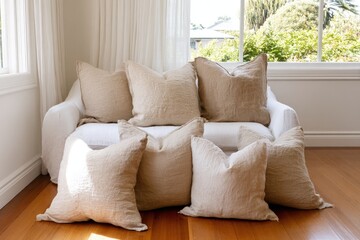 Beige Linen Decorative Pillows On Sofa