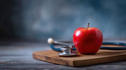 Red Apple and Stethoscope on Wooden Board Healthy Lifestyle Concept
