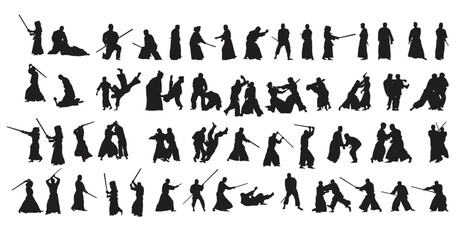 Set of Black Silhouettes of Aikido Fighters vector