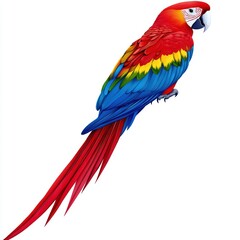 Obraz premium A vibrant, colorful parrot displays a mix of red, green, blue, and yellow feathers, showcasing its striking appearance and long tail.