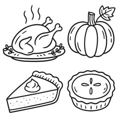 Autumn traditional food icon, thanksgiving day holiday table hand drawn doodle line illustration set vector