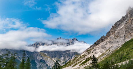 Panoramic view over the Wimbach Valley with alpine peaks and drifting clouds, Berchtesgaden Alps