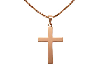 Rose gold cross pendant necklace isolated, religious symbol of Christianity on a chain for spiritual faith and fashion