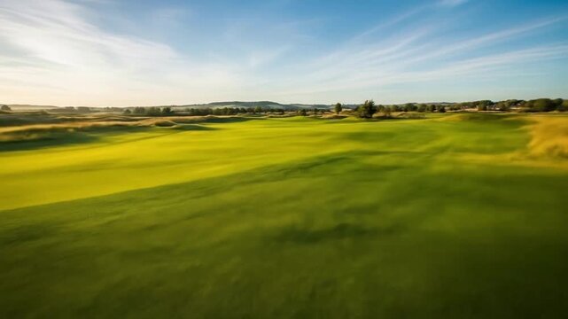 Vibrant green golf course landscape under a bright blue sky with scattered clouds, perfect for leisure.