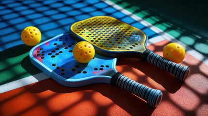 Low angle view Pickleball paddle or racket and ball on a court with empty space, sports equipment, new racket sports game concept for advertising