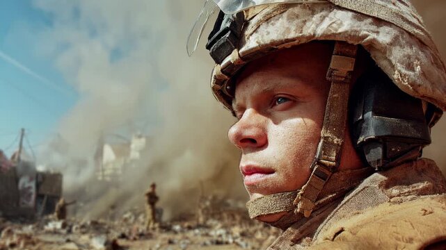 Close‑up of a soldier&rsquo;s face in a devastated zone; debris, haze, and hard light shape a powerful human story&mdash;ideal for documentary sequences, crisis coverage, remembrance pieces, and sober social‑issu