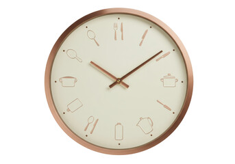 Kitchen themed wall clock isolated on transparent background, copper frame and utensils for cooking time concept