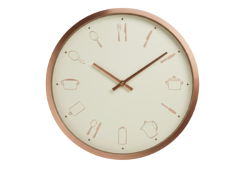 Kitchen themed wall clock isolated on transparent background, copper frame and utensils for cooking time concept