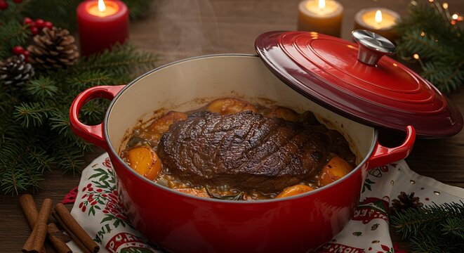 a slow-cooked pot roast in a large,red,enameled Dutch oven.The lid is slightly ajar with steam escaping.The shot is taken in a warm kitchen setting with a backdrop of a festive holiday tablecloth.