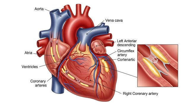 Human Heart Anatomy and Coronary Artery Disease Illustration.