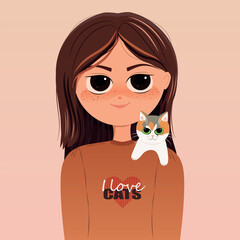 Girl with cat cartoon style. Vector illustration. I love cats.