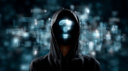 A faceless figure with a glowing question mark on the head, surrounded by floating holograms and digital codes. faceless digital identity, faceless cyber art, faceless virtual pers
