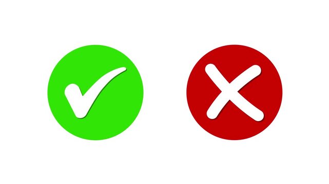 Animated pop-up green check mark and red cross X symbol on a transparent background. A checkmark in and out motion graphics animation. Video footage of yes or no, true or false with tick & close sign