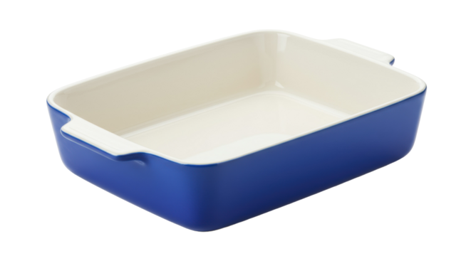Rectangular blue ceramic baking dish isolated on white, ovenware for cooking and serving casseroles and desserts