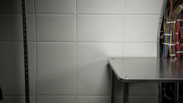 Interior shot of a clean, tiled wall with a metal table and exposed wiring.
