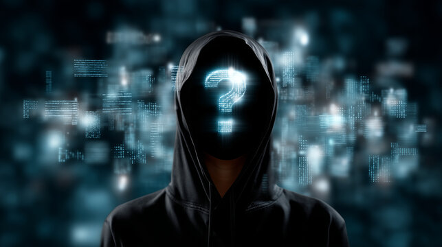 A faceless figure with a glowing question mark on the head, surrounded by floating holograms and digital codes. faceless digital identity, faceless cyber art, faceless virtual pers