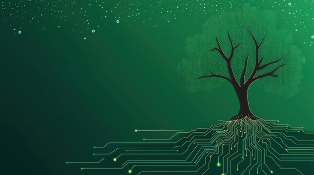 Innovation Tree Growing from Circuit Large tree with roots embedded in a circuit board, green landscape background, represents the harmony of nature and technology