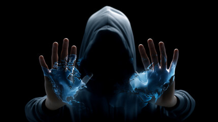 Faceless hooded hacker with glowing hands, floating digits and maps, digital streams connecting continents in surreal cyber world. faceless global hacker, faceless cybercrime, face