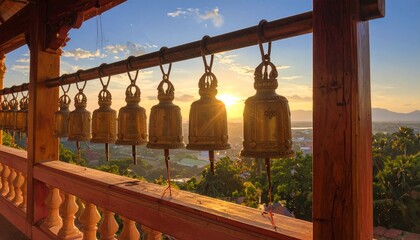 Row of temple bells hanging at sunset—golden light, wooden beams, and distant mountains evoke serenity, spiritual rhythm, and cultural reverence in minimalist sacred symbolism composition.