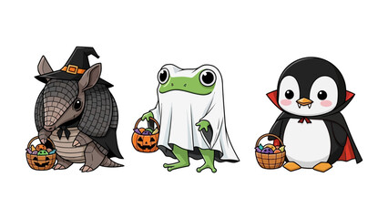 Halloween Costume Party: Cute cartoon animals dressed in adorable costumes, prepared for trick-or-treating with vibrant colors. 