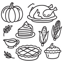 Autumn traditional food icon, thanksgiving day holiday table hand drawn doodle line illustration set vector