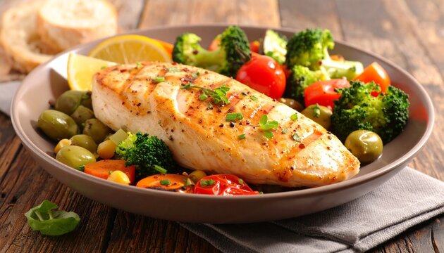 Grilled chicken breast with colorful vegetables on white plate—broccoli, carrots, tomatoes, and herbs evoke health, balance, and nourishment in minimalist dietary symbolism composition.