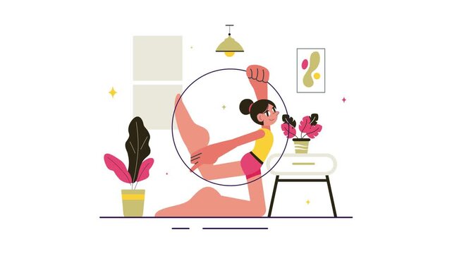 Animation of Rhythmic Gymnastics Illustration Featuring Professional Athletes Performing Artistic Acrobatic Moves, Showcasing Strength and Flexibility