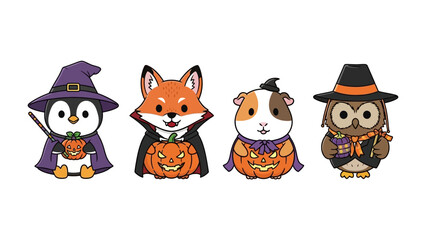 Spooky Animal Ensemble: An adorable illustration featuring a penguin, fox, guinea pig, and owl, each dressed in Halloween costumes with pumpkins and hats, ready for trick-or-treating.